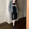 Black suspender V-neck dress women's summer dress new slim French split fork inside long skirt sexy ins