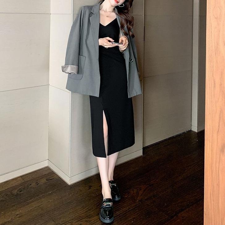 Black suspender V-neck dress women's summer dress new slim French split fork inside long skirt sexy ins