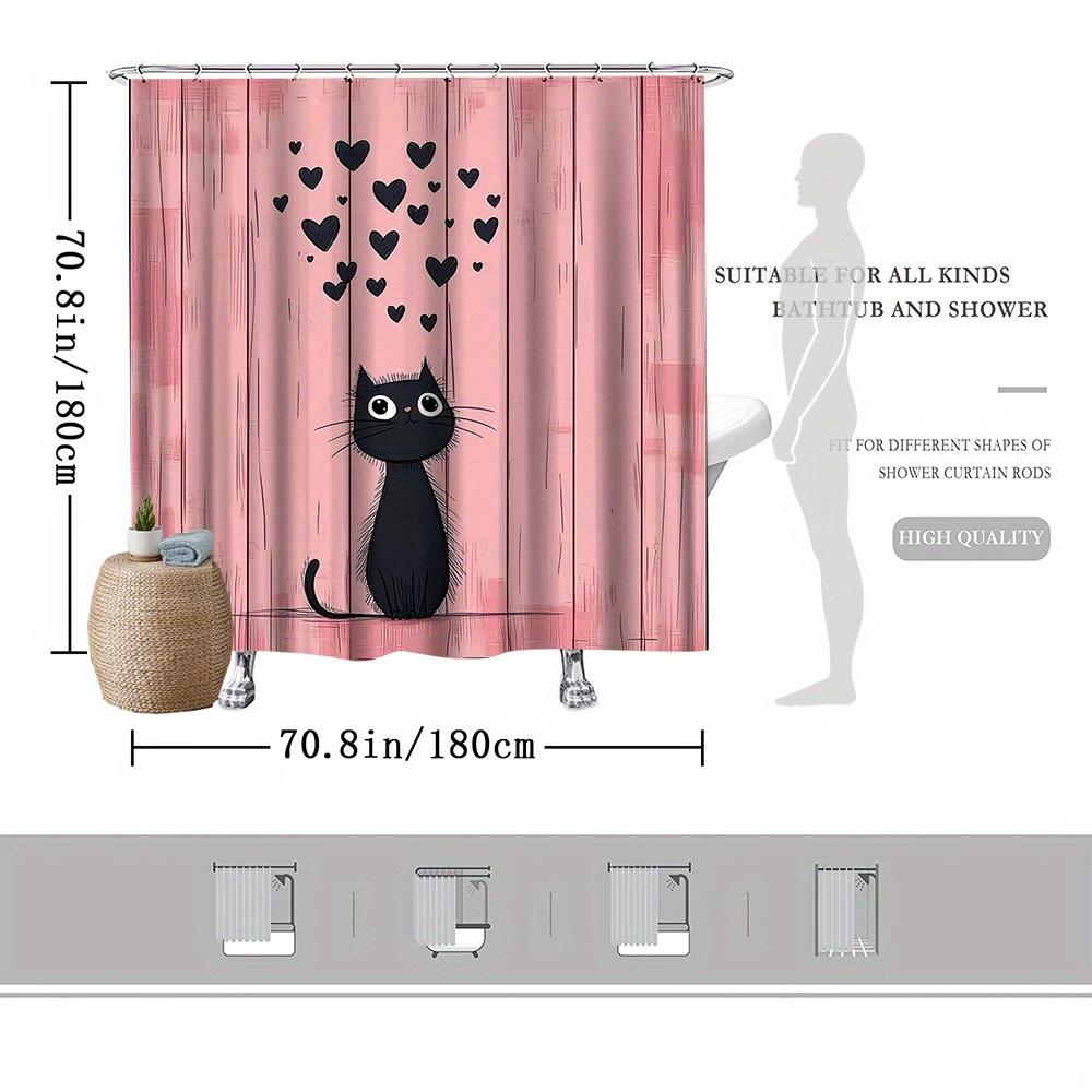 Black Cat Shower Curtain - Cute Wide-Eyed Cat & Floating Hearts On Pink, 12 Hooks, Playful Bath Decor