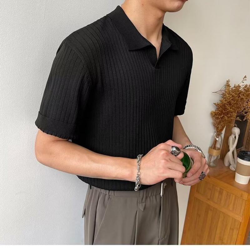 Men S Korean Style Short Sleeve Knit Polo Shirt Summer Casual Top