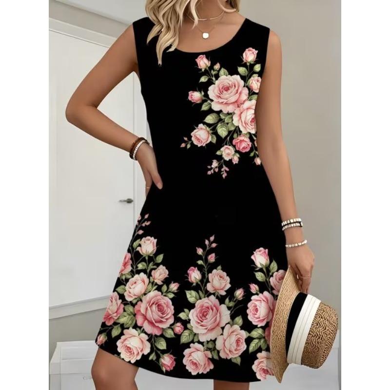 Women's Rose Butterfly Printed Sleeveless Round Neck Dress Loose Soft and Comfortable Plus Size Dress