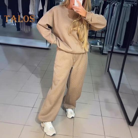 2 Teile/satz Damen Top Hosen Anzug Rundhals Langarm Strass Dekor Sweatshirt Elastische Taille Weite Bein Hose Alltagskleidung Sport Outfit Herbst