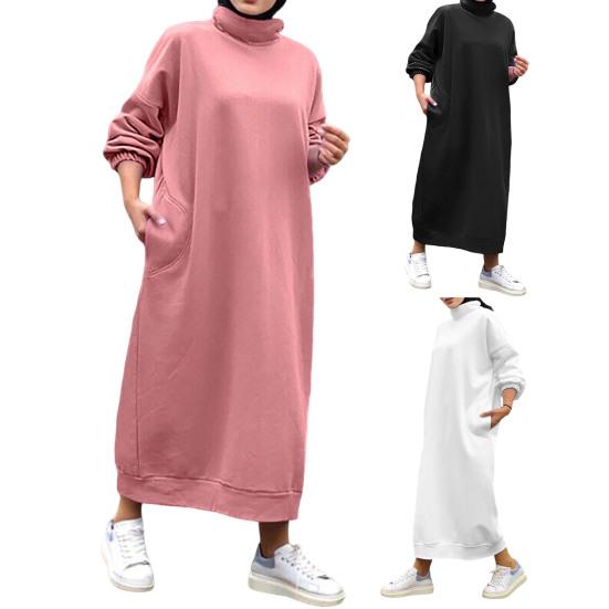 Dámské zimní šaty volné dlouhý rukáv jednobarevné rolák měkká ochrana krku