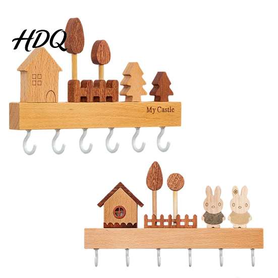 Entryway Key Storage Rack Wooden Holder with 6 Hooks Decorative Organizer No Drill Hook Rack Easy Wall Mount Installation Hanger for Home
