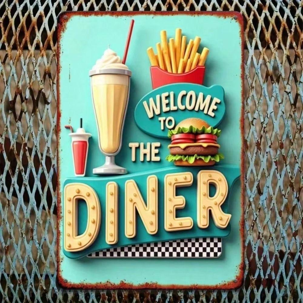 Retro Metal Sign Welcome to Diner Burger and Milkshake, Vintage Tin Plate Wall Art Decor for Cafe Kitchen Bar, 20x30 cm