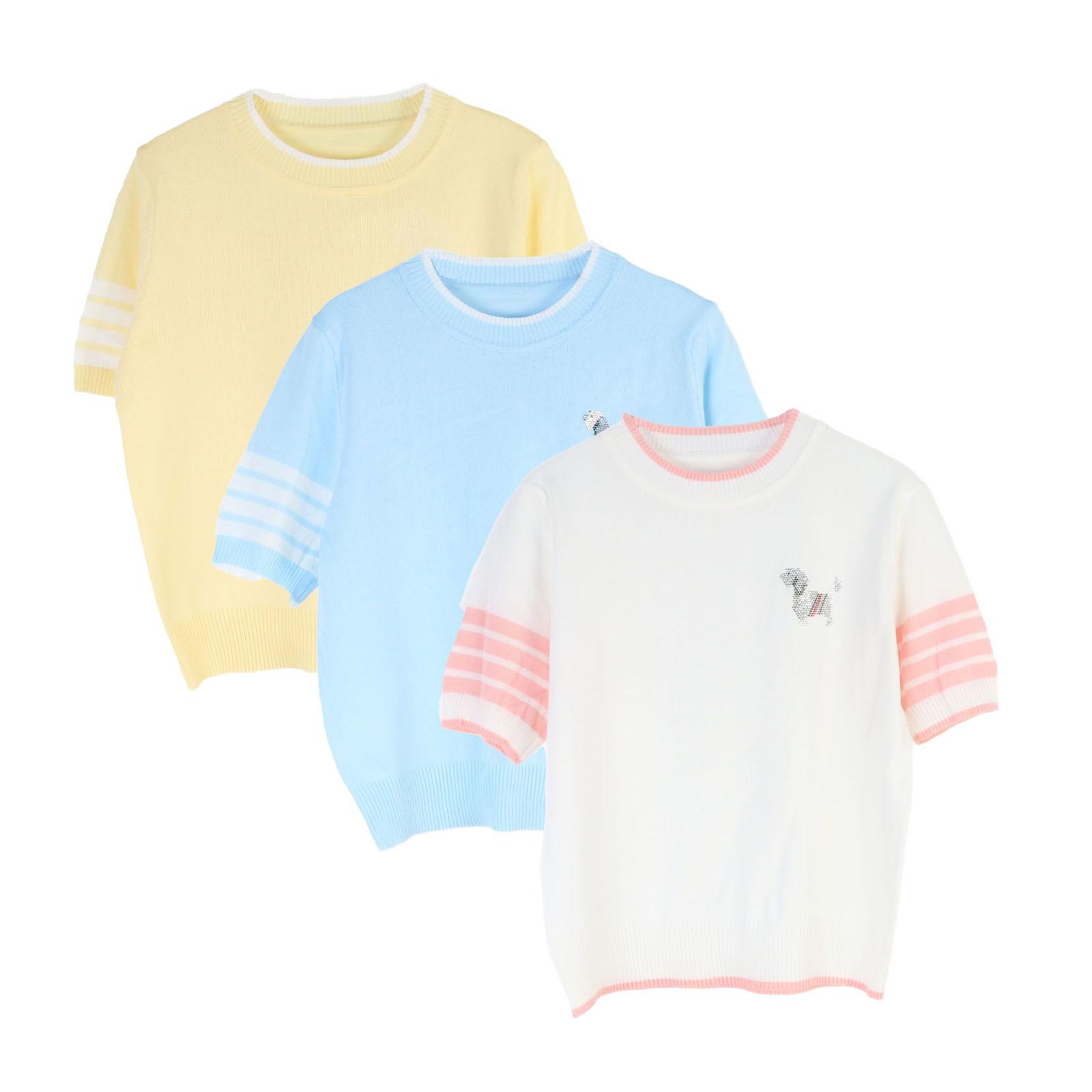 

Women s TB Short-Sleeve Knit Top with Rhinestone Puppy Design and Four Stripes L
