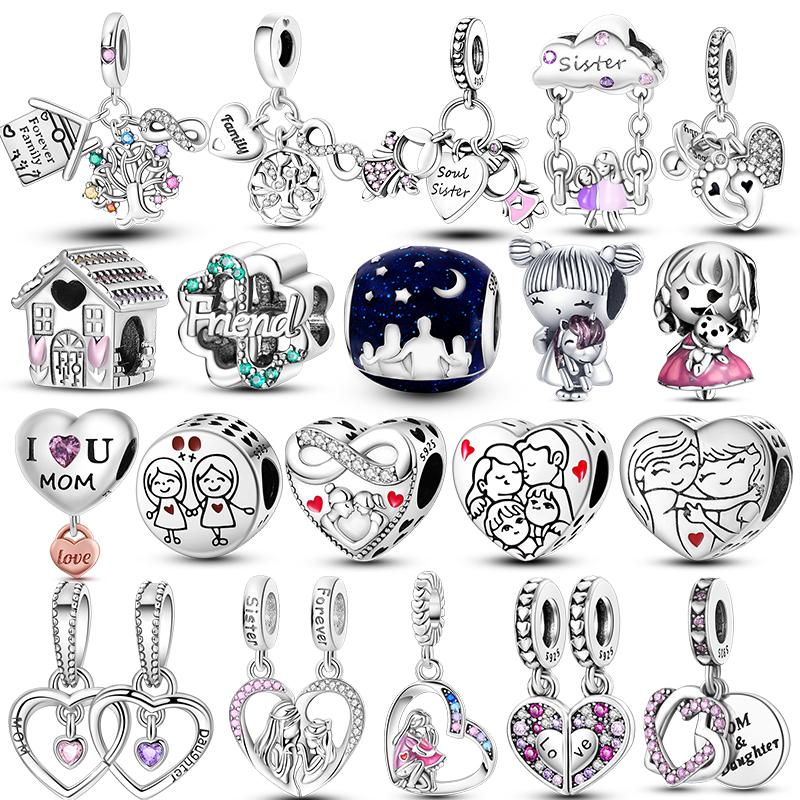 Koppar Kärlek Mamma Familj Syster Hjärta Flickor Berlocker Pärlor Hänge Smycken Passar Originalarmband För Kvinna Diy
