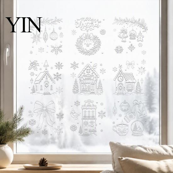 Christmas Party Window Ornaments 9Pcs Clings, Static Glass Stickers, Reusable White Line Hand-Painted Decals Stickers for Holiday Home Decorations,