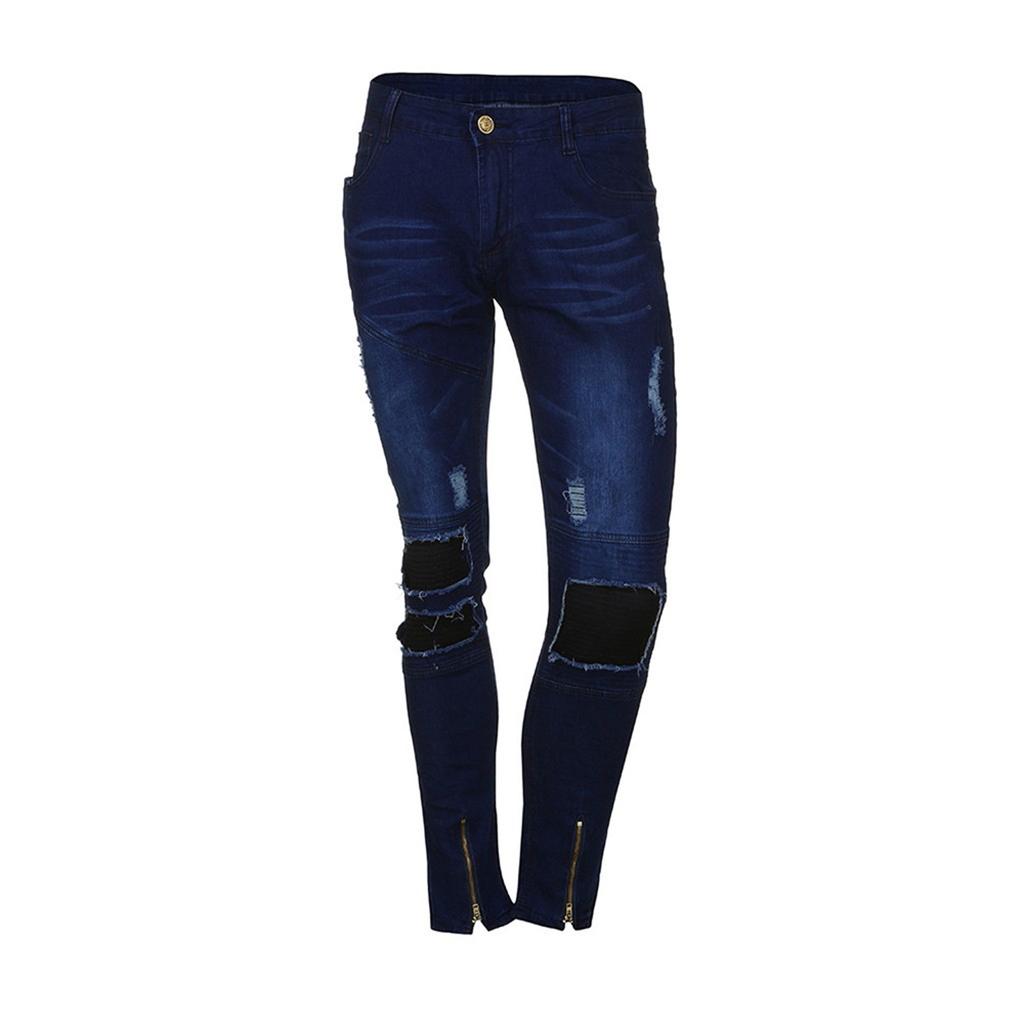 Men Slim Biker Zipper Denim Jeans Skinny Frayed Pants Distressed Rip Trousers