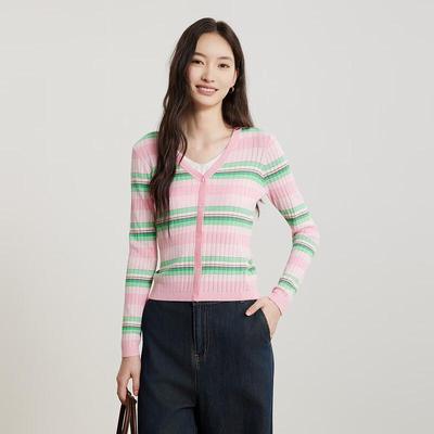 Women's Striped V-Neck Knit Cardigan