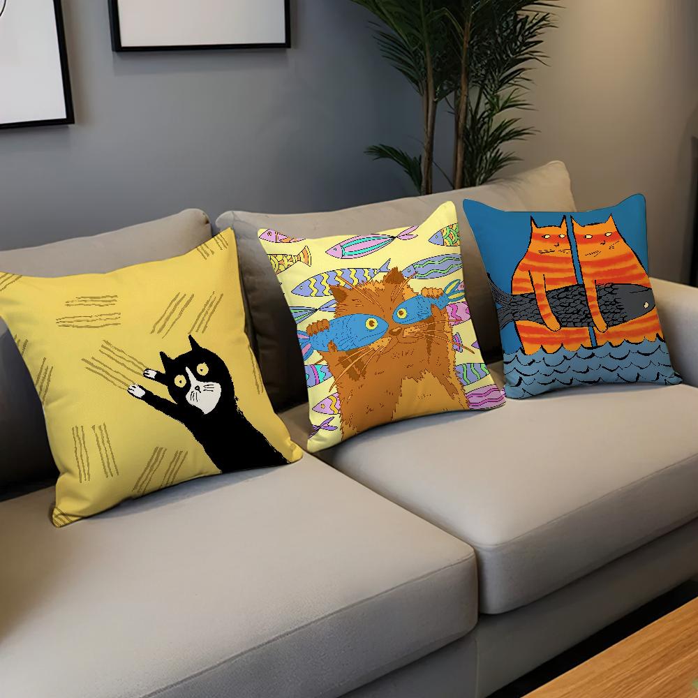 Cute fish Cat Funny Abstract Art meme cushion cover soft Pillow Case for Sofa Living Room Home office Decor Protective Covers