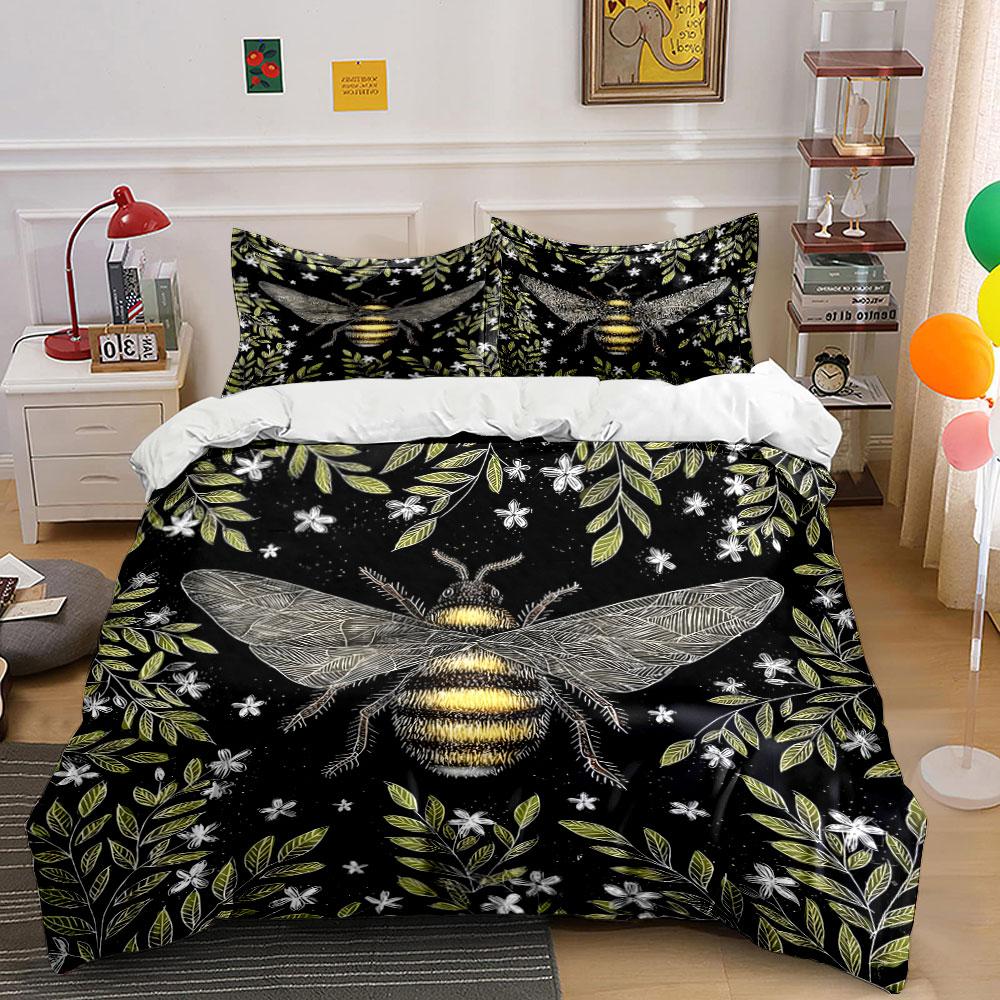 Bee And Plant Black Background Bedding Set For Kids Luxury Gift 3Pcs Digital Print Comforter Set Soft Comfortable Breathable