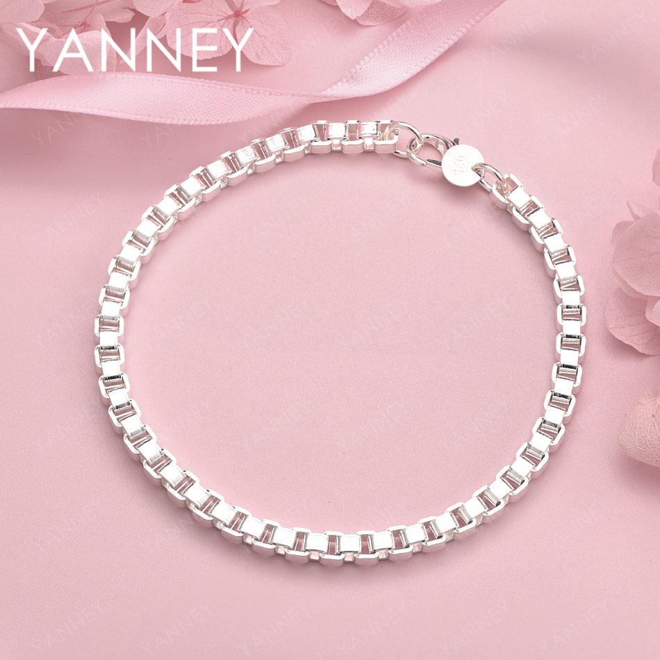 

925 Sterling Silver 8 Inch 4MM Box Chain Bracelet Men Women Fashion Wedding Party Gift Accessories