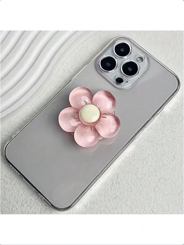 Korean Heart Flower Crystal Phone Holder - Retractable, Transparent Airbag Design розовый