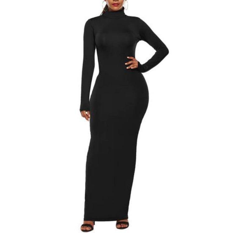 Stretchy Bodycon Long Dress Solid Color Turtle Neck Casual Womens Long Sleeve