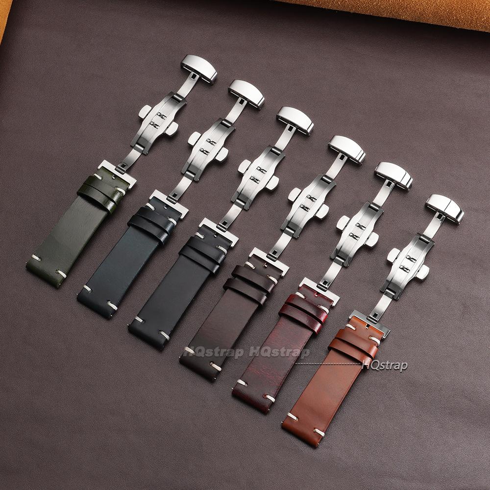 Vintage 18mm 20mm 22mm Cowhide Watch Strap Quick Release Wrist Band Butterfly Buckle Leather Bracelet Stitching Brown Straps