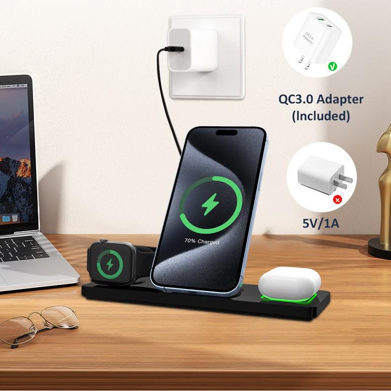 QI2.0 15W Foldable 3-in-1 Magnetic Wireless Charger for iPhone, Apple Watch, and Earbuds