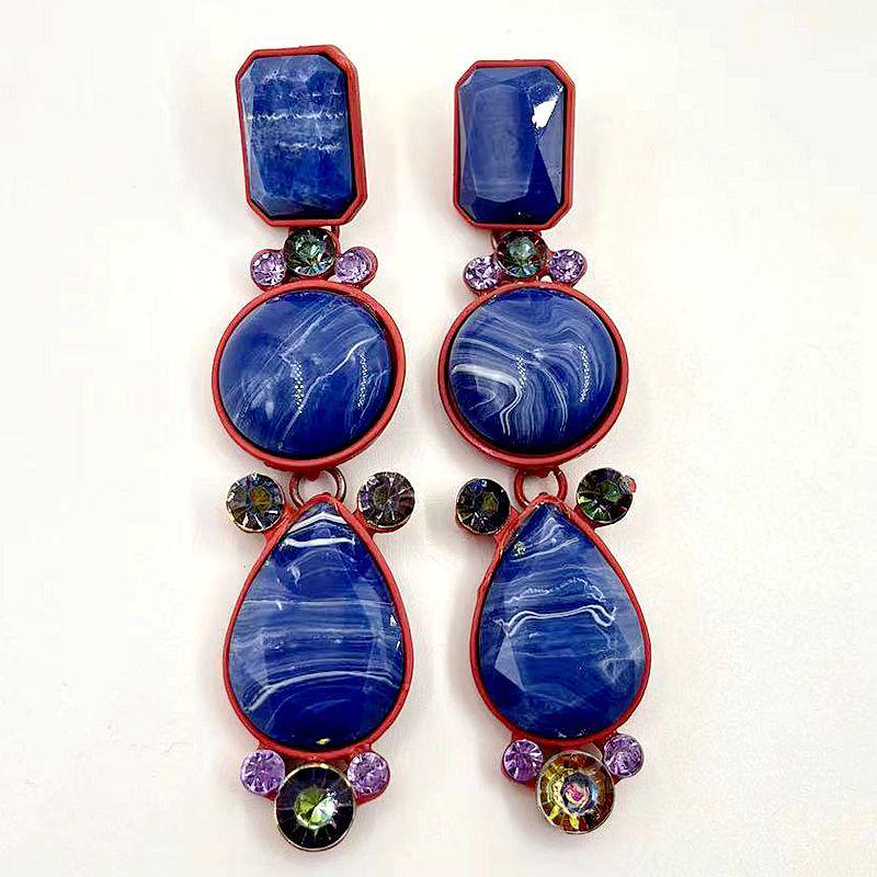 Cross-Border Exaggerated Metal Geometric Earrings with Rhinestones, Floral Resin Gems, and Colorful Spray-Painted Water Drops