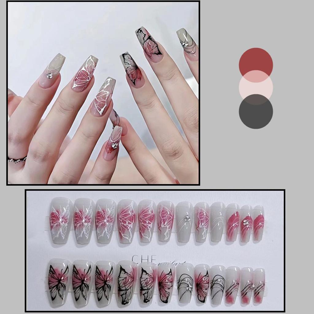 Coffin Fake Nail for Women Butterfly Design Temperament Artificial Nail for Beginners Nail Decoration Practice