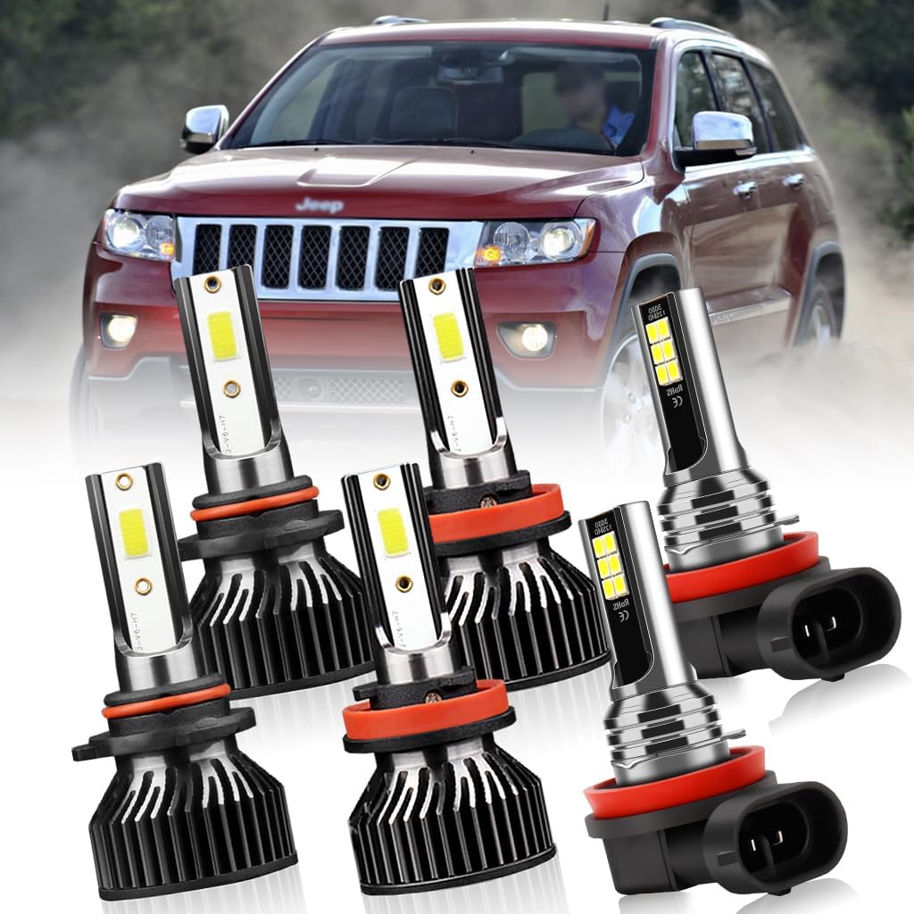 

LED Headlight and Fog Light Bulbs for Jeep Grand Cherokee 2011-2013, 9005 High Beam H11 Low Beam, 6500K White, 300% Brighter, 6-Pack with Built-in
