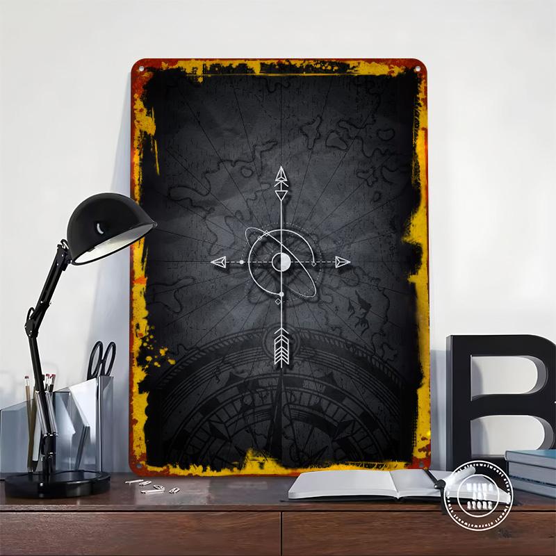 Compass Arrow on Map Poster Customized Wall Art Vintage Metal Signs Retro Tin Plaque for Man Cave Decoration Bedroom Decorations