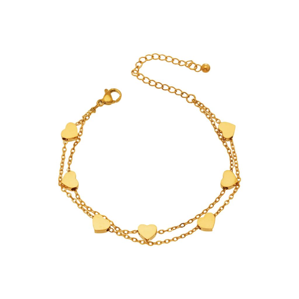 Elegant EU-US Style Double-Layer Heart Bracelet - Cute, Simple, 18K Gold-Plated Stainless Steel Jewelry