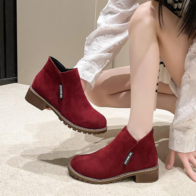 Short Boots, Mid-heeled Retro Ankle Boots, Women's Shoes, Thick-heeled Flat Side Zipper Boots