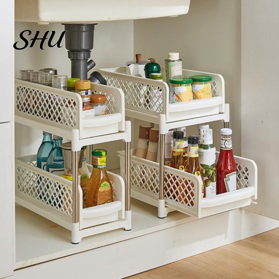 Double-layer Bathroom Organizer Sliding Under-sink Storage Rack Double-Layer Design Large Capacity Kitchen Shelf Strong Load-bearing Easy Assembly