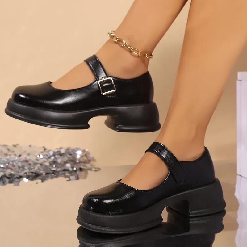 

Женские туфли на плоской подошве, черные, с толстой подошвой, цельные, с пряжкой, однотонные, туфли Jane Single 35 чёрный