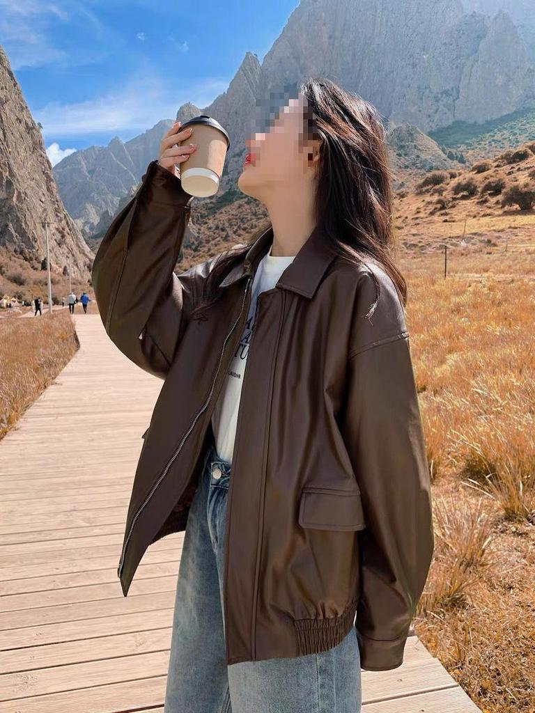 Women's Retro Brown Short Leather Jacket - 2026 Korean Style, Loose Fit, Cool Motorcycle Design for Spring/Autumn