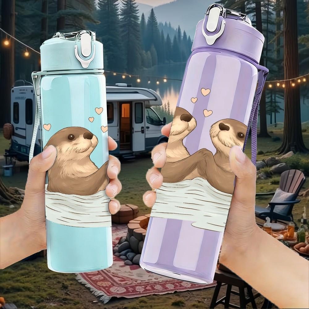 1PC Twin Floating Otters 750ml Color Plastic Sports Water Bottle Leakproof Flip Straw Lid Suitable for Sports Office Home Use