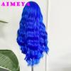 AIMEYA Blue Lace Front Wig Long Deep Wave Synthetic Lace Wigs for Women Heat Resistant Natural Hairline Daily Wear Cosplay Wigs