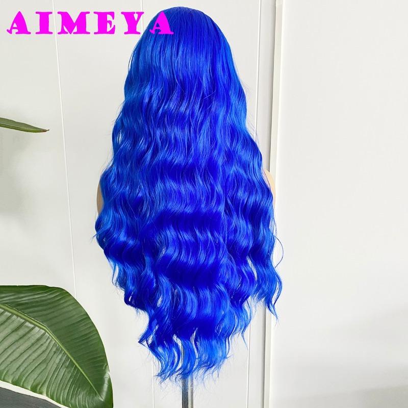 AIMEYA Blue Lace Front Wig Long Deep Wave Synthetic Lace Wigs for Women Heat Resistant Natural Hairline Daily Wear Cosplay Wigs