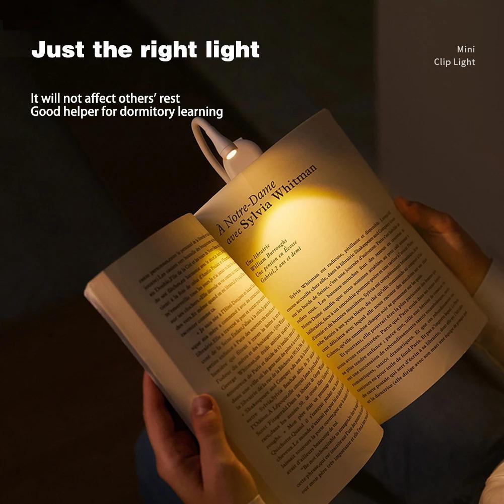 Mini LED Book Light 3 Brightness Adjustable USB Rechargeable Clip-On Study Reading Lamp for Travel Bedroom Dormitory Reading