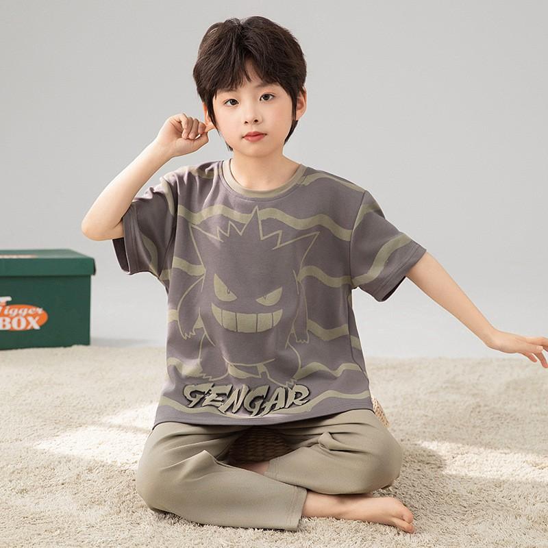 Cotton Short Sleeve Pajama Set Boys Lightweight Sleepwear Cartoon Print Kids Home Wear