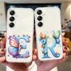 For Samsung Galaxy A54 A14 A34 A24 Blue Butterfly Flower Letters A-Z Couple Phone Case Transparent Clear Silicone Bumper Cover