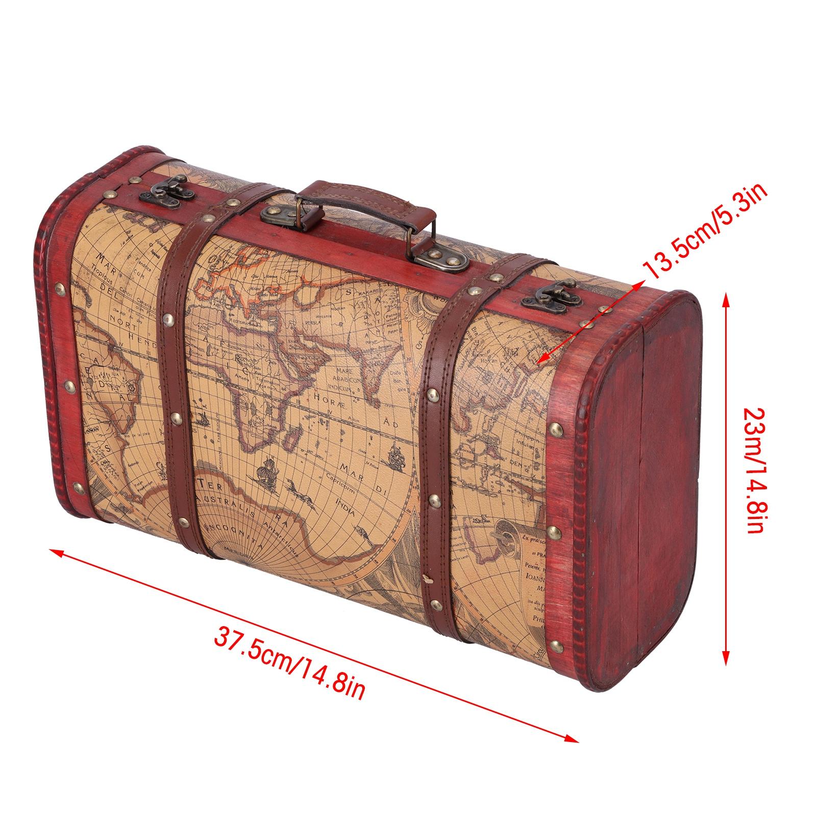 

Retro Vintage Suitcase Large Capacity Portable Composite Wood Map Pattern Design Treasure Chest Storage Case for Home