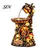 Illuminated Garden Statue Decoration Tree House Fountain Bird Feeder, Lighted Resin Birdbath, Feeder with Sturdy for Small Birds LED Lights,