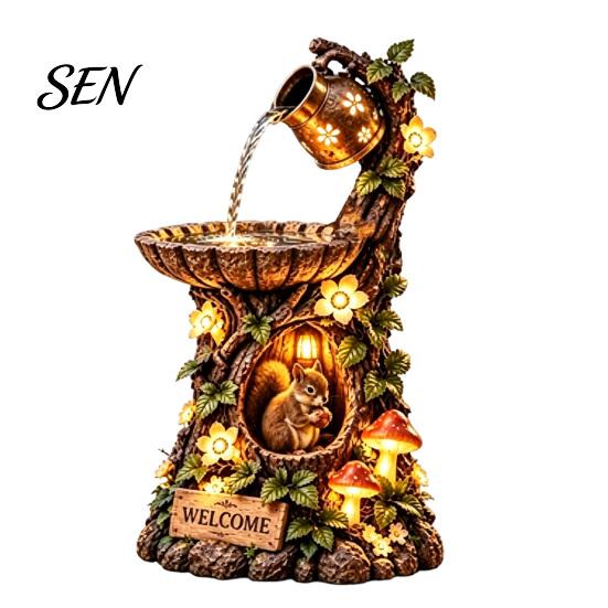 Illuminated Garden Statue Decoration Tree House Fountain Bird Feeder, Lighted Resin Birdbath, Feeder with Sturdy for Small Birds LED Lights,