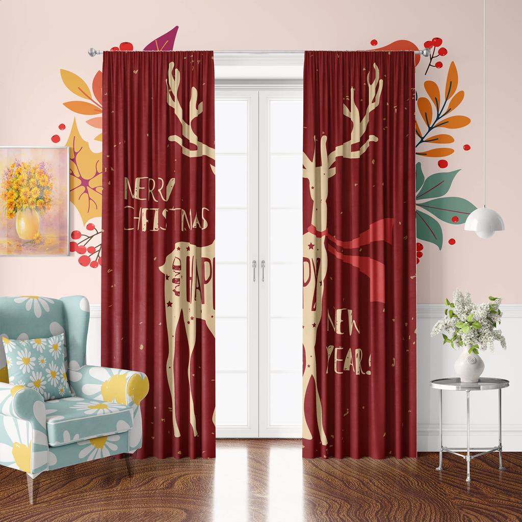 2 pieces - Christmas decoration Elk print curtain - Polyester - suitable for bedroom   living room   study   private space