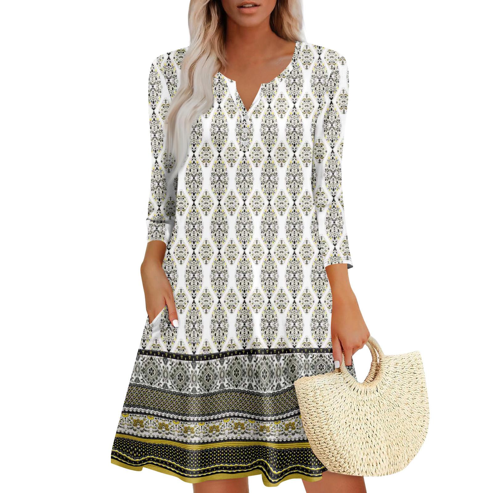Damen Sommerkleid Lockerer V-Ausschnitt Dreiviertelarm Sonnenkleid Mit Taschen Kleid XL weiß