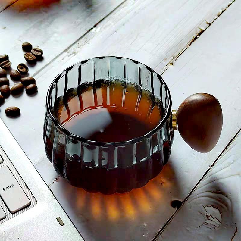 200ml Vintage Striped Glass Coffee Cup with Wooden Handle and Coaster | Aesthetic Coffee Shop Style Mug for Home & Cafe