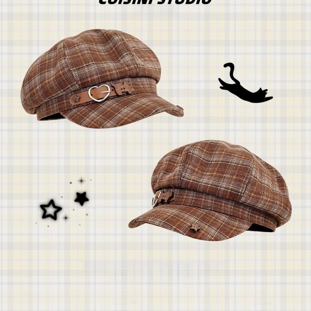 Vintage Καρό Γάτα Καρδιά Πόρπη Ζώνης Καπέλο Newsboy Για Φθινόπωρο Χειμώνα Μόδα