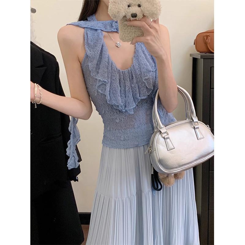 [Original practice] Summer French elegant romantic super fairy pleated high-waisted skirt long swing skirt