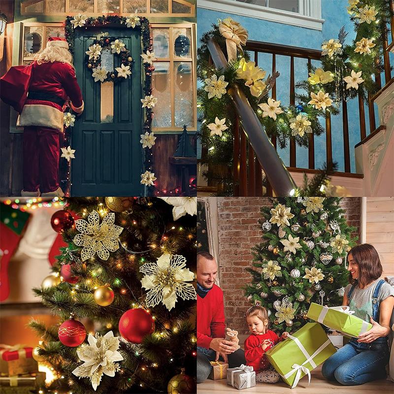 8/16Pcs Glitter Christmas Decorations Artifical Flowers Christmas Tree for Home Decor Fake Flower Xmas New Year Gifts Ornaments