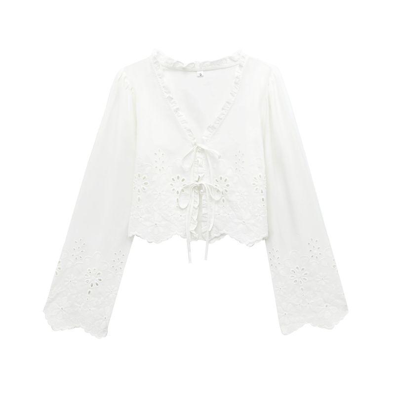Kaslead New Arrival Women's Clothing Fashion Style Stylish Simple and Versatile Cut Out Embroider Cotton Tops 1268146
