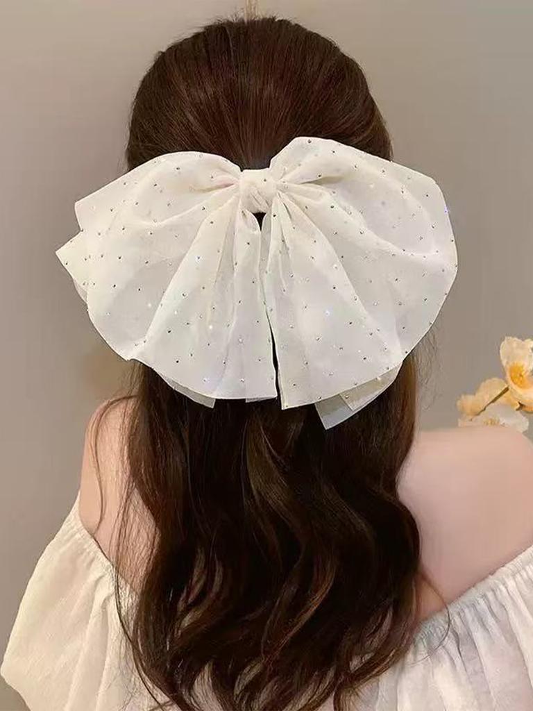 White Large Bow Hair Claw With Diamondflower Sweet Mesh Ponytail Hairpin French Style Bowknot Barrette Hair Accessories