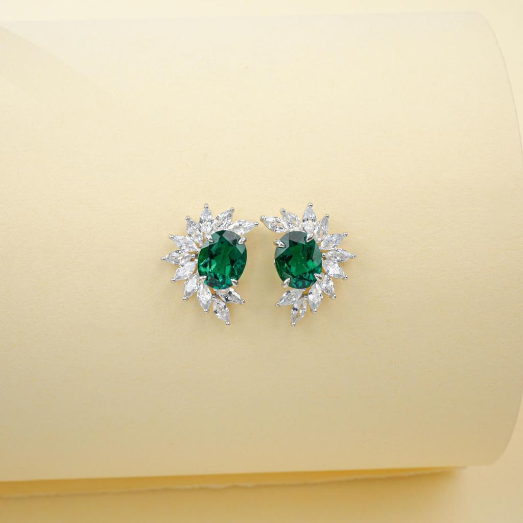 S925 Sterling Silver Women's Oval Emerald Sunflower Earrings - Elegant Luxury for Evening, Party, and Commute