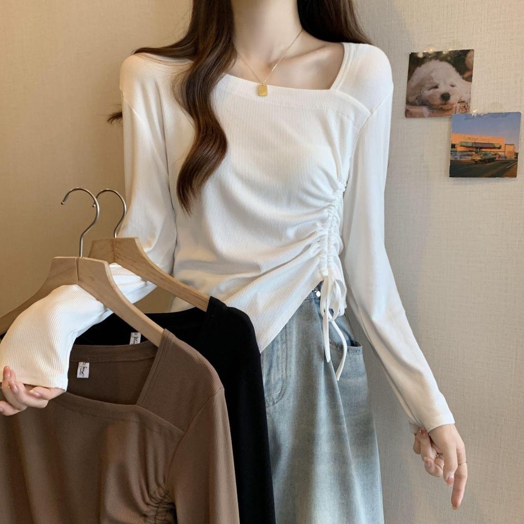 Plus Size Women's Korean Chic Square Neck Ruffled Top - Slimming Long Sleeve Tummy-Covering Autumn T-Shirt