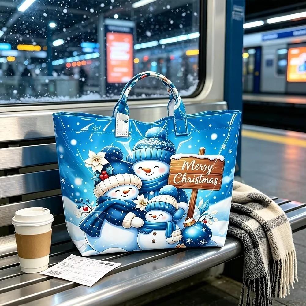 Large Capacity Christmas Print PVC Tote Bag Waterproof Christmas Hand Tote Commute Tote Bag Work